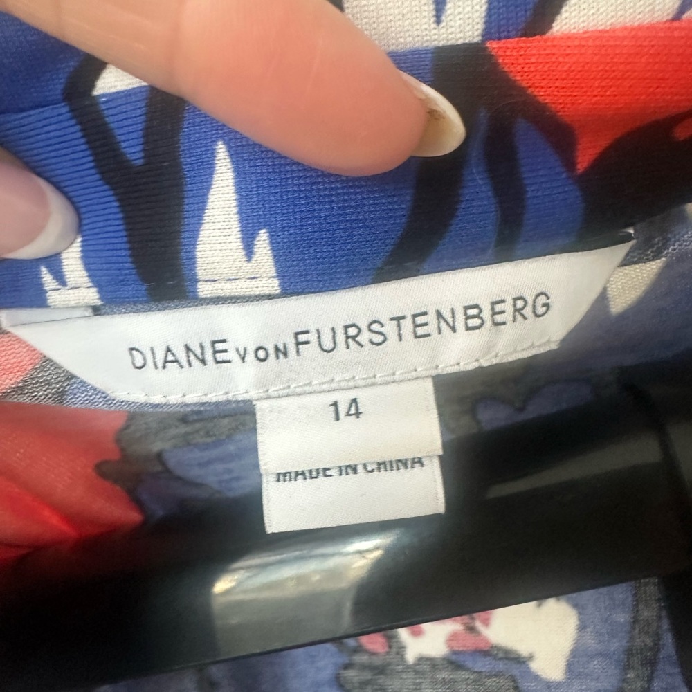 Diane Von Furstenberg Red Blue Black White Pattern Tie-Waist Midi Dress sz 12 14 - Picture 4 of 7
